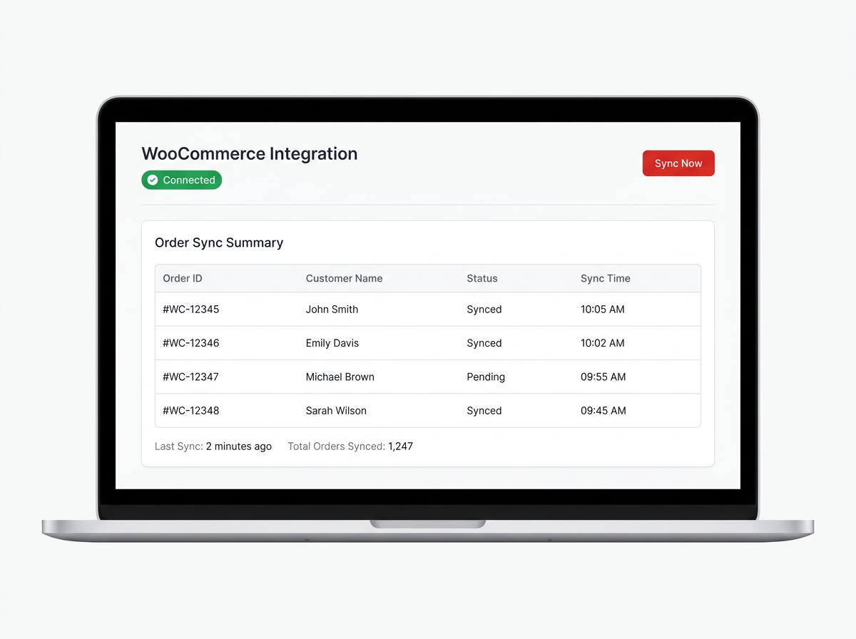 WooCommerce integration setup with order sync and plugin configuration